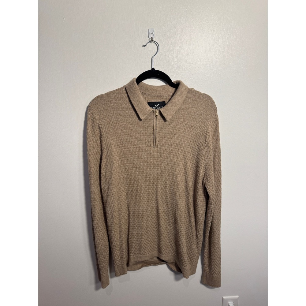 Hollister Mens Quarter Zip Polo Sweater Tan Khaki Waffle Knit Long Sleeve Size M